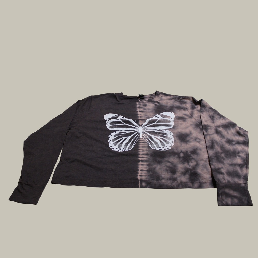 Wild Fable Butterfly Graphic Crop Top Brown Black Tie Dye Long Sleeve Medium